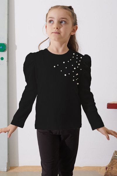 Cansın Mini Black Shoulder Pearl Detailed Girl's Sweatshirt 18884