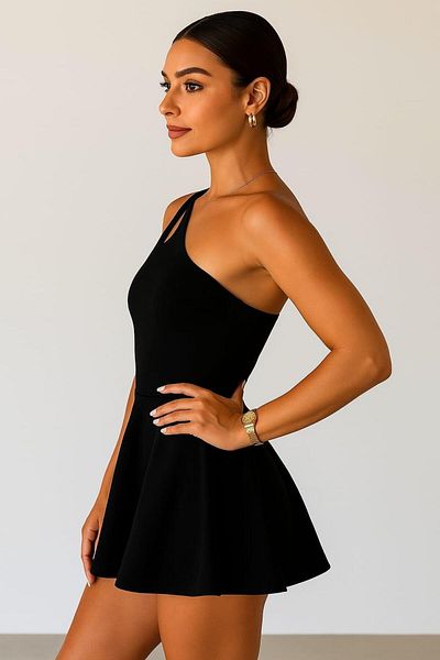 miss ledonna Double Strap One Shoulder United Shorts Swimsuit Black