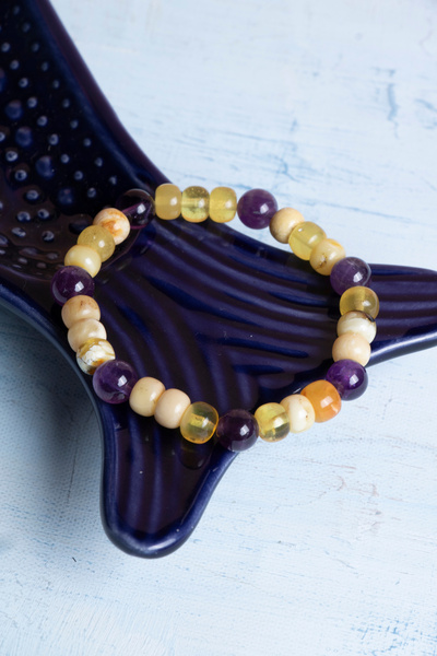 DENİZ سوار من الأحجار الكريمة الطبيعية من العنبر والأميثيست مع شهادة