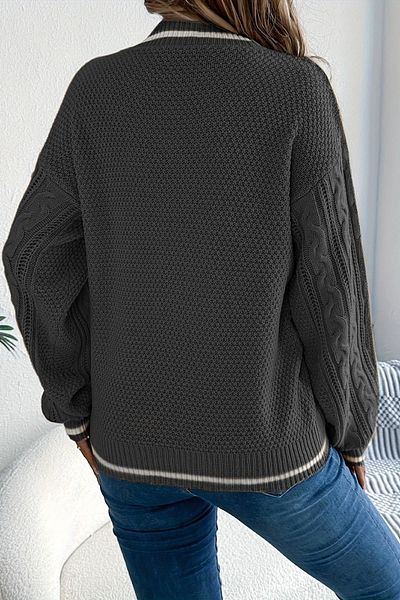 AQE FASHION Pulover de damă cu dungi cu decolteu în V din tricotat cu modele Antracit