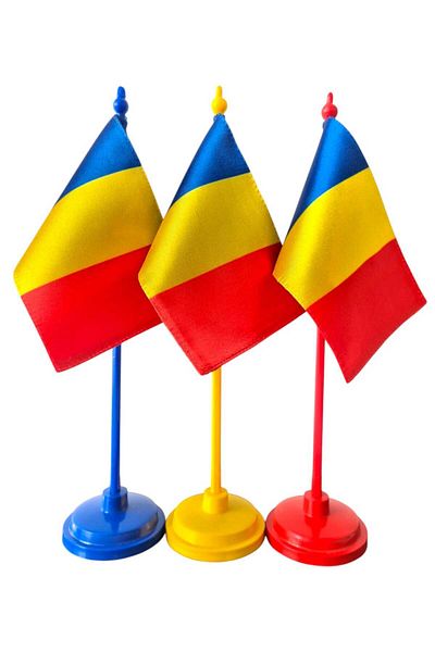 SDX Market Set of 3 x Romania Tricolor Flag, Double Silk Side, 10 cm x 15 cm, plastic stand, height 30 cm