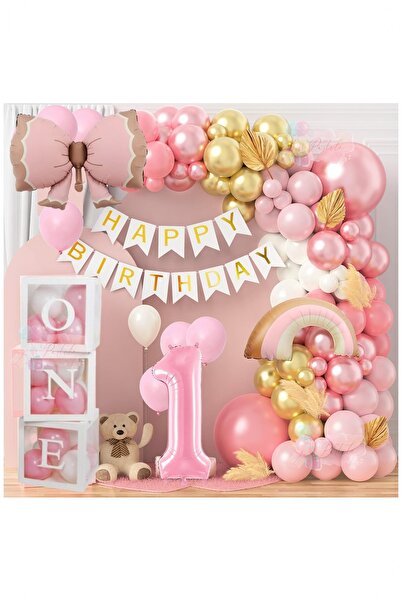 BİDOLUMUTLULUK Lüks Doğum Günü Seti Pembe Fiyonklu Uçak Folyo One 1 Yaş Retro...