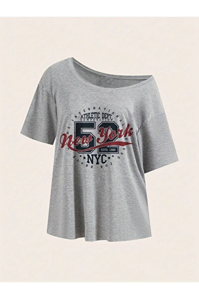 Tarzsokak Bluză gri pentru femei, cu umerii goi, decolteu bărcuță, imprimeu N...