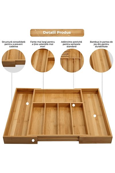 Elindor Bamboo Cutlery and Utensil Organizer, Extendable Drawer, Removable Knife Block, 33-55 cm