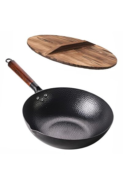 Generic مقلاة ووك من الفولاذ الكربوني من أنججو - مقلاة ووك وقلي 32 سم مع غطاء...