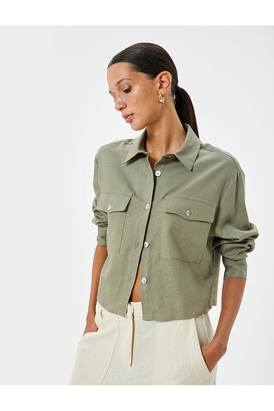 Koton Khaki Women's Linen Mix Crop Shirt