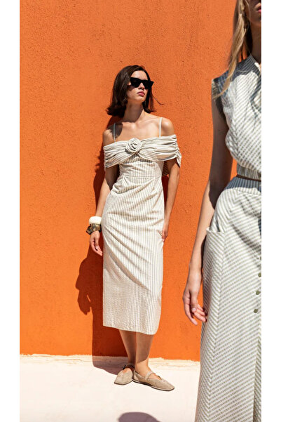 KAMEYA Rose Detailed Striped Khaki Dress