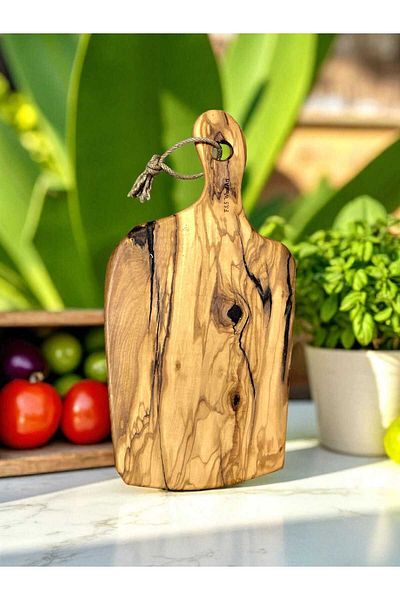 F&S WoodArt 38 X 18 cm Natural Olive Tree Unattached One Piece Handmade Cutting Presentation Board with Handle