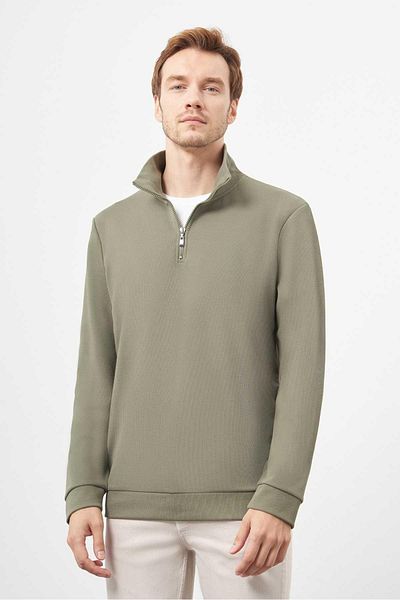 Morven Men's Khaki Zippered Bato Collar Sweat-Shirt