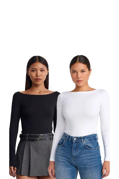 Bukamiss Boat Neck Long Sleeve 2-Piece Ball-Shirt Black White