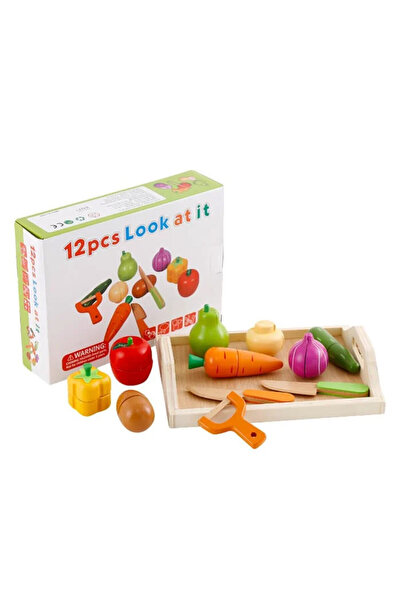 Toy Σετ Μοντεσσόρι 12 τεμαχίων, Ξύλινος δίσκος με λαχανικά και φρούτα για κοπή.
