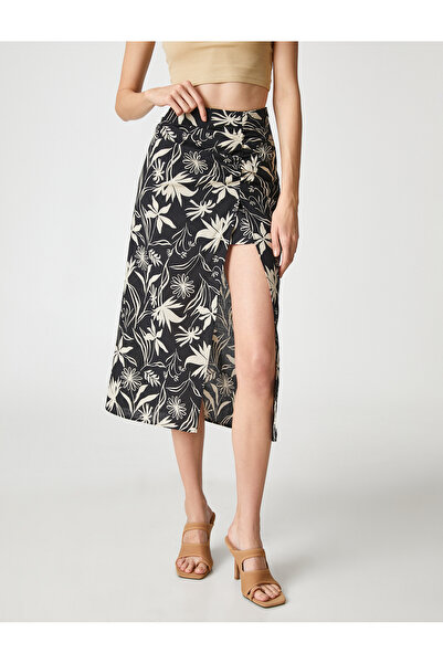 Koton Midi Skirt Draped Slitted Linen Blended