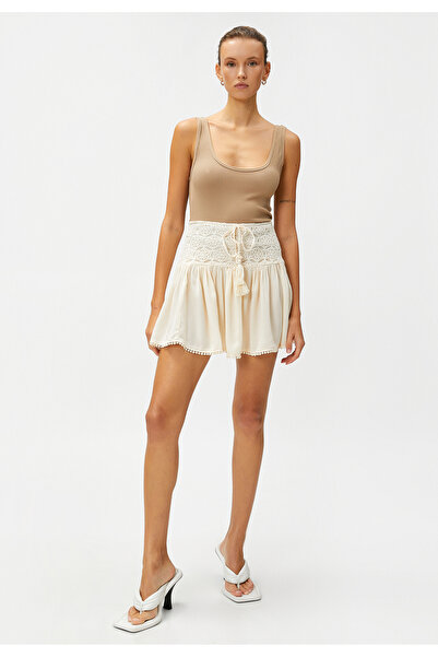 Koton Beige Women's Crochet Detail Mini Skirt