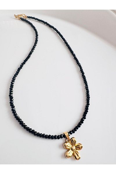 DEVİ fashion Steel Daisy Tip Black Necklace 45 cm