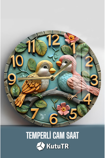 kutuTR SEVİMLİ KUŞLARLA RENKLİ ZAMANLAR 3D Görünümlü Temperli Cam Saat – 33 cm CSDW334