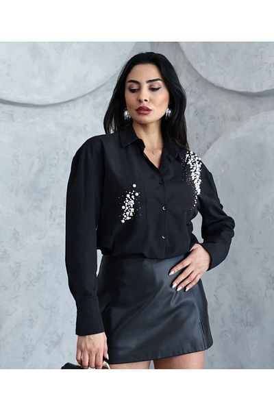 Azda Black Poplin Women's Shirt with Stone Detail on the Shoulder Md:10115