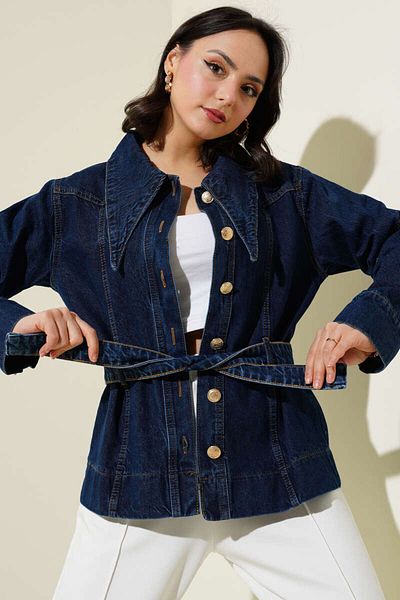 Bluezoni Belted Short Denim Jacket Pointed Collar