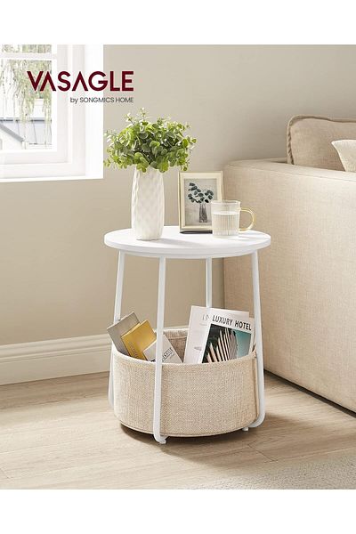 VASAGLE Round coffee table with fabric basket, modern style, 45x50cm, white with beige