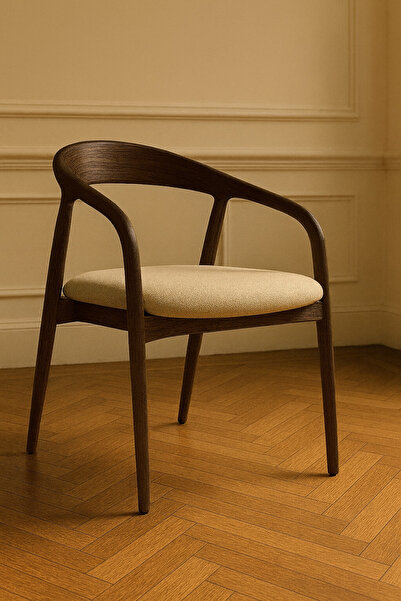 Trihome Modern Ceviz Ahşap Kollu Sandalye – Krem Döşemeli, Ergonomik Tasarım,...