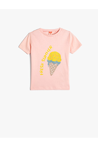 Koton تي شيرت بأكمام قصيرة وياقة دائرية مطبوع عليه آيس كريم من القطن