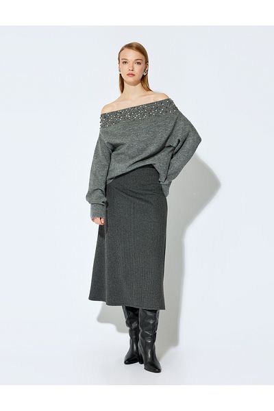 Koton Gray Women's Striped Midi Skirt