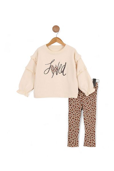 Ege Bebek Stylish Girl's Set with Leopard Patterned Ribbed Leggings and Sweatshirt with Ruffle Detail on the Shoulders