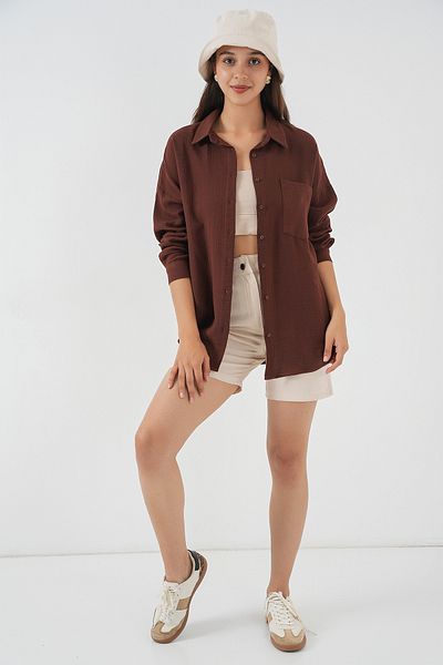 Bigdart Women's Single Pocket Oversize Muslin Shirt 20353 - Brown