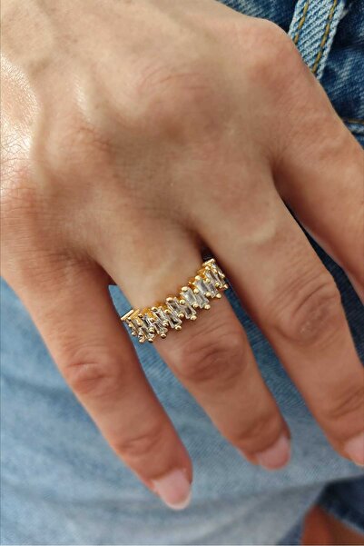 KYOLA DESİGN Baget Taş Zigzag Sıralı Gold Ayarlanabilir Kadın Yüzük