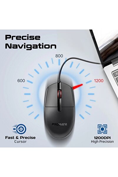 Promate ergonomic wired optical mouse 1200dpi