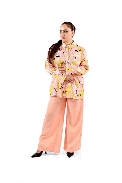 LINELLE طقم منسق من القماش المخملي باللون الخوخي مع قميص وبنطال واسع الساق.