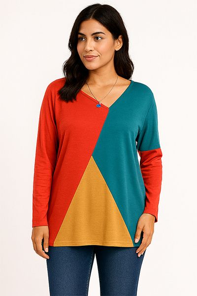 dorbe Color Blocks Pattern Long Sleeves Fashion Shirt Asymmetrical Neckline Blouse Top