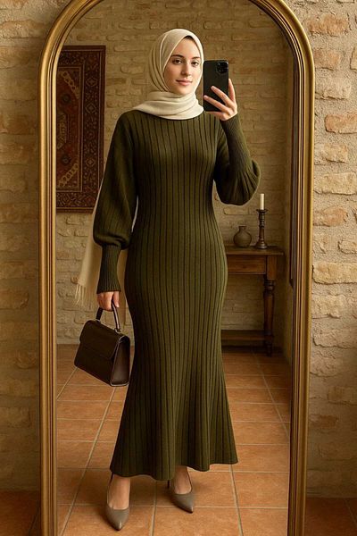 AXXAN Knitwear High-Necked Dress Fish Skirt Model Sleeve Rib Leg Long Dress Length 140cm Size 38/42