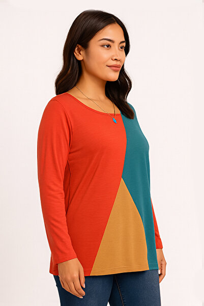 dorbe Color Blocks Pattern Long Sleeves Fashion Shirt Asymmetrical Neckline Blouse Top