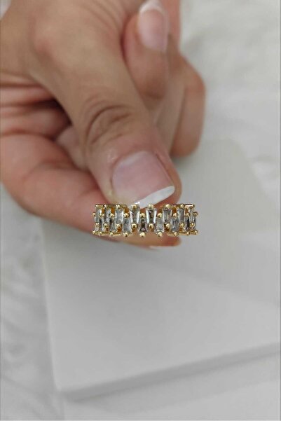 KYOLA DESİGN Baget Taş Zigzag Sıralı Gold Ayarlanabilir Kadın Yüzük