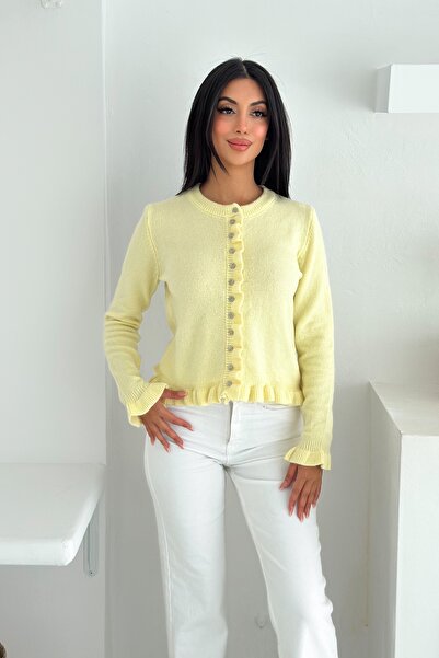 FEMELLE Yellow Button Ruffle Detail Soft Textured Standard Size Knitwear Cardigan - Long Sleeve Knit Knitwear Cardigan