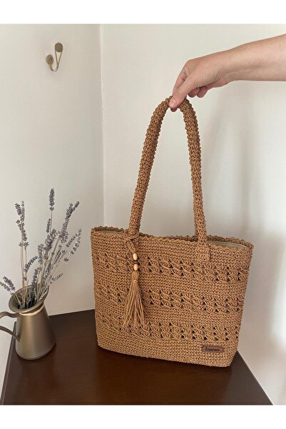 ELİŞİ MODA Koyu Hasır Rengi, El Yapımı Kağıt İp Örgü Çanta, Günlük Askılı Omuz Çantası Astarlı, Cepli, Çıtçıtlı