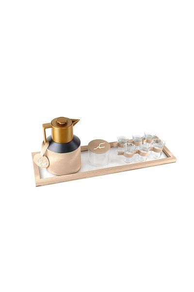 Lamsit Ibdaa Coffee Thermo Flask, Coffee and Tea Vacuum Pot, 1.0L Dallah, Beige, Tea, Rect Tray