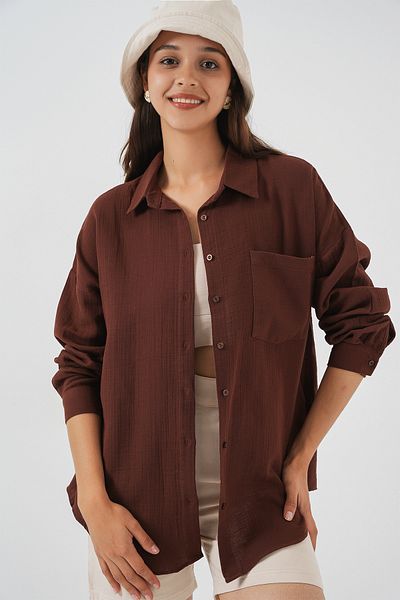 Bigdart Women's Single Pocket Oversize Muslin Shirt 20353 - Brown