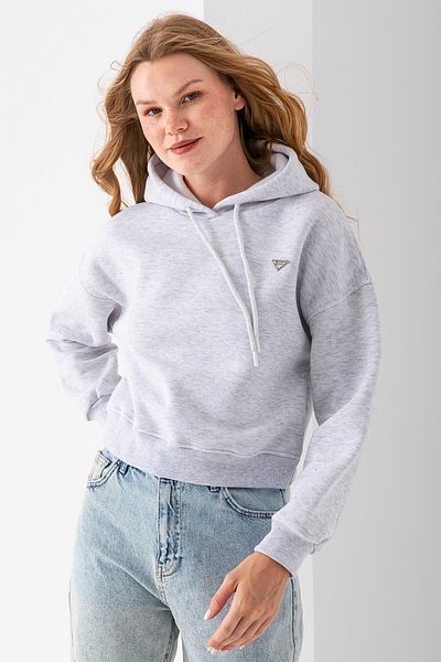 GİYSA Women's Hooded Fashion Accessory 3-Strand Crop Sweatshirt Gray - 2667