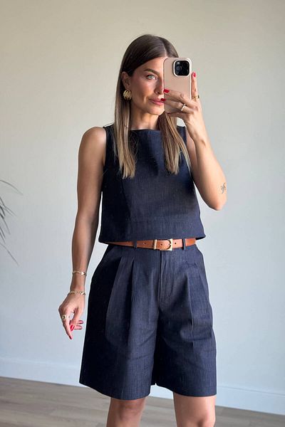 Sue Store Σορτς με μηδενικό μανίκι Navy Blue Μπλούζα Slim τζιν κοστούμι