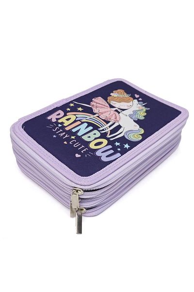 DNS Large girls' pencil case, 3 compartments, 3 zippers, unequipped, Rainbow purple
