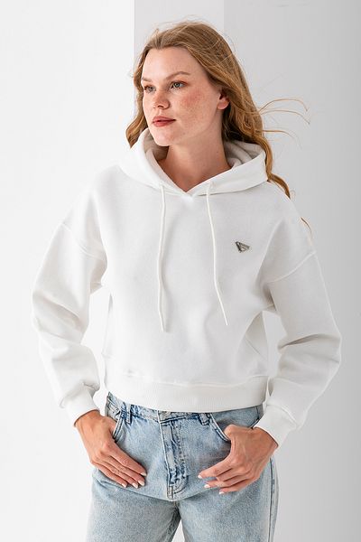 GİYSA Women's Hooded Fashion Accessory 3-Strand Crop Sweatshirt White - 2667