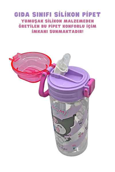 WİGGLE 500ml Kuromi Licensed Soft Silicone Lockable Water Bottle with Straw and Handle