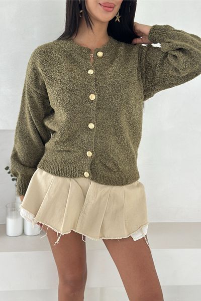 FEMELLE Khaki Gold Button Detailed Knitwear Cardigan Standard Size Soft Texture