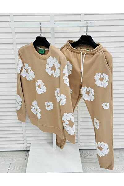 Afri Beige Color Floral Patterned Oversize 3 Thread Men's Tracksuit Set - 100% Cotton