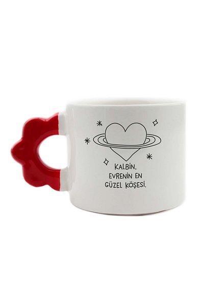 PALTO TASARIM Heart,The Most Beautiful Corner of the Universe Handmade Cream Shiny Flower Handle Mug - Handcrafted Gift Mug Ba