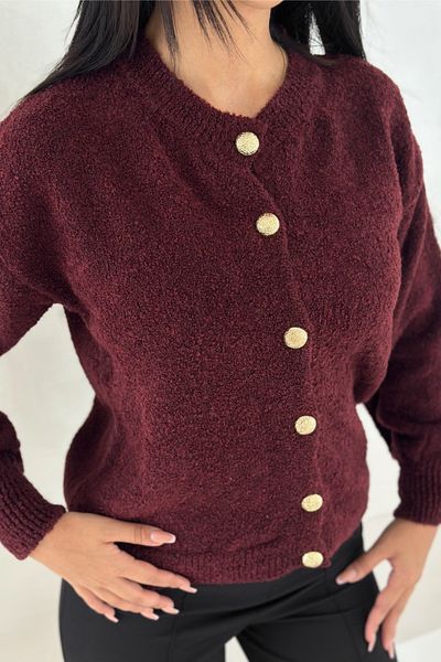 FEMELLE Burgundy Gold Button Detailed Knitwear Cardigan Standard Size Soft Texture