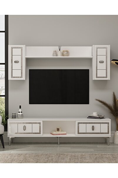 DEMONTE DECOR ORİONDD TV ÜNİTESİ TAKIMI BEYAZ-ALTIN
