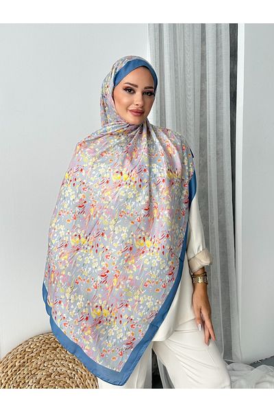 Stella Eşarp Ethnic Leopard Flower Pattern Blue Color Soft Cotton Shawl