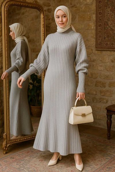 AXXAN Knitwear High-Necked Dress Fish Skirt Model Sleeve Rib Leg Long Dress Length 140cm Size 38/42
